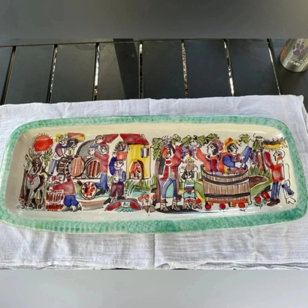 De Simone Rectangle Platter “Grape Harvest” Scene Hand Painted Made in Italy